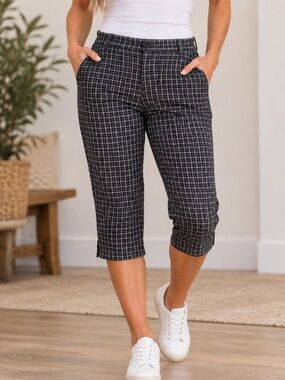 Tribal Capri Pants Womens Size 12 Blue Plaid Linen Summer Golf Preppy Flawed